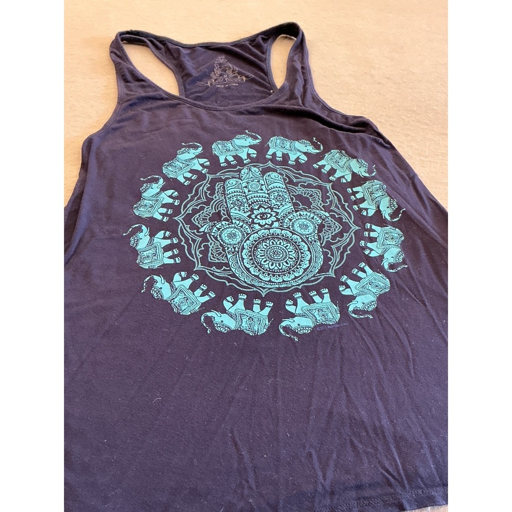 Bear Dance Tank Top Hamsa Hand Elephant Mandala Graphic Navy Blue Medium Boho
